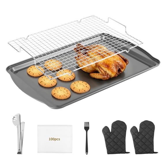 6-Piece Baking Sheet Set with Cooling Rack, 100 Parchment Papers, Tongs, Mitts & Oil Brush, Carbon Steel Oven Tray for Baking, Roasting, Cooling
