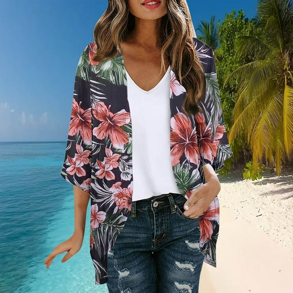 LIBRCLO Womens Swimsuit Cover-ups Beach Hawaiian Long Sleeved Cardigans Fashionable Casual Printed Tops