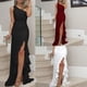 thumbnail image 4 of Qarigey Hombro inclinado Vestido de color sólido Sin mangas Vestido de fiesta de división alta Dobladillo grande con volantes Vestidos vino rojo L, 4 of 6