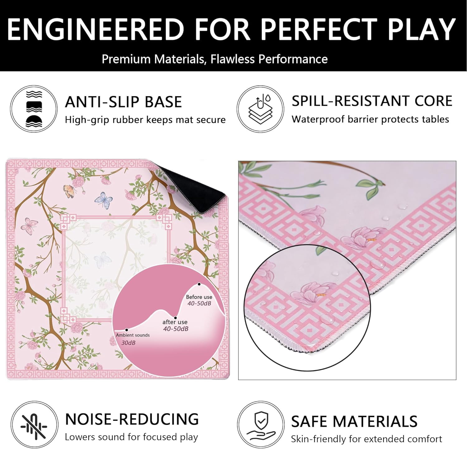 Mahjong Mat for Table, 31.5''''x31.5'''' Non-Slip & Noise Reduction Mahjong Mat with Rules,Mah Jongg Gift with Carrying Bag for Poker,Board Games,Dominoes,Cards & Tile Games (Light Pink)