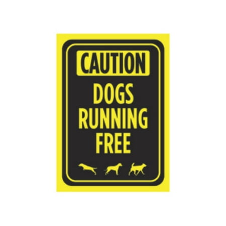Aluminum Poster - Aluminum Metal Dogs Unleashed Behind Gate Print Bright Yellow Black Poster Caution Park Yard Outdoor Notice Sign
