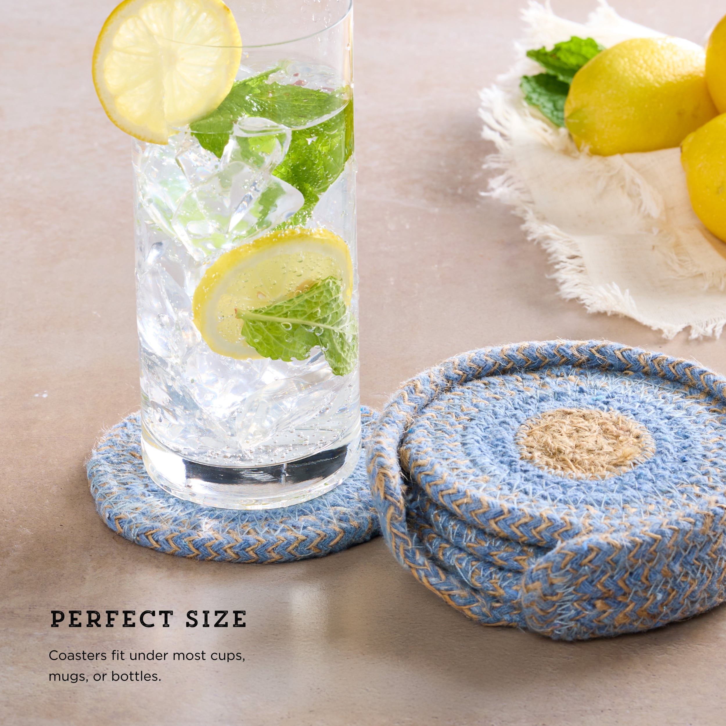 Kamenstein 4 Piece Jute & Cotton Coaster Set with Holder, Blue