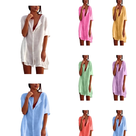 Kureaily Women Oversized Short Sleeve Button Down Shirt Dress, Loose Collared Linen Swim Cover Up Mini Tunic Dress Summer Casual Beach Vacation Outfit (Green,Large)