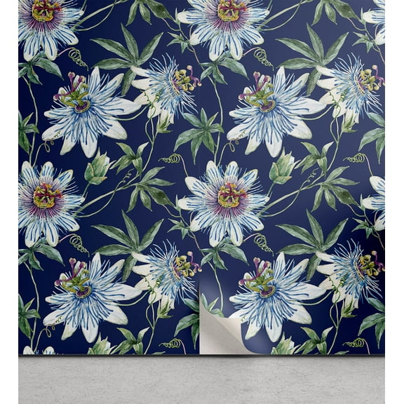 Ambesonne Tropical Peel & Stick Wallpaper for Home, Vintage Passionflowers Art, 13"x36", Dark Slate Blue and Green