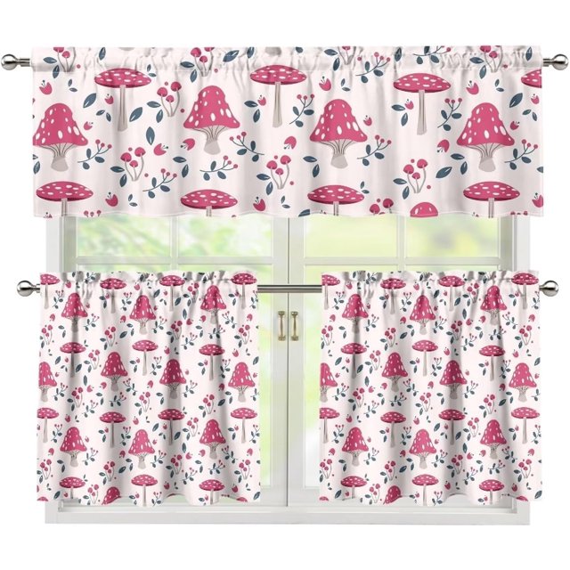 Pink Mushroom Kitchen Curtains 3 Pcs Short Farmhouse Kitchen Curtains and Valances Set Bathroom Window Curtains