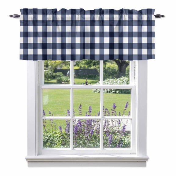 Navy Blue Check Kitchen Curtain Valances for Windows Farmhouse Short Curtains, Farmhouse Buffalo Plaid Blue Rod Pocket Valance Curtain for Bedroom Cafe Living Room 42"x12"