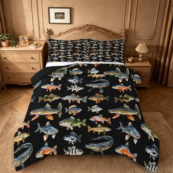 meiyoeat Cute Pike Fish Full Size Comforter Sets For Boys,Black Watercolor Print Bedding Comforter Set Kids,Black Reversible,3pcs