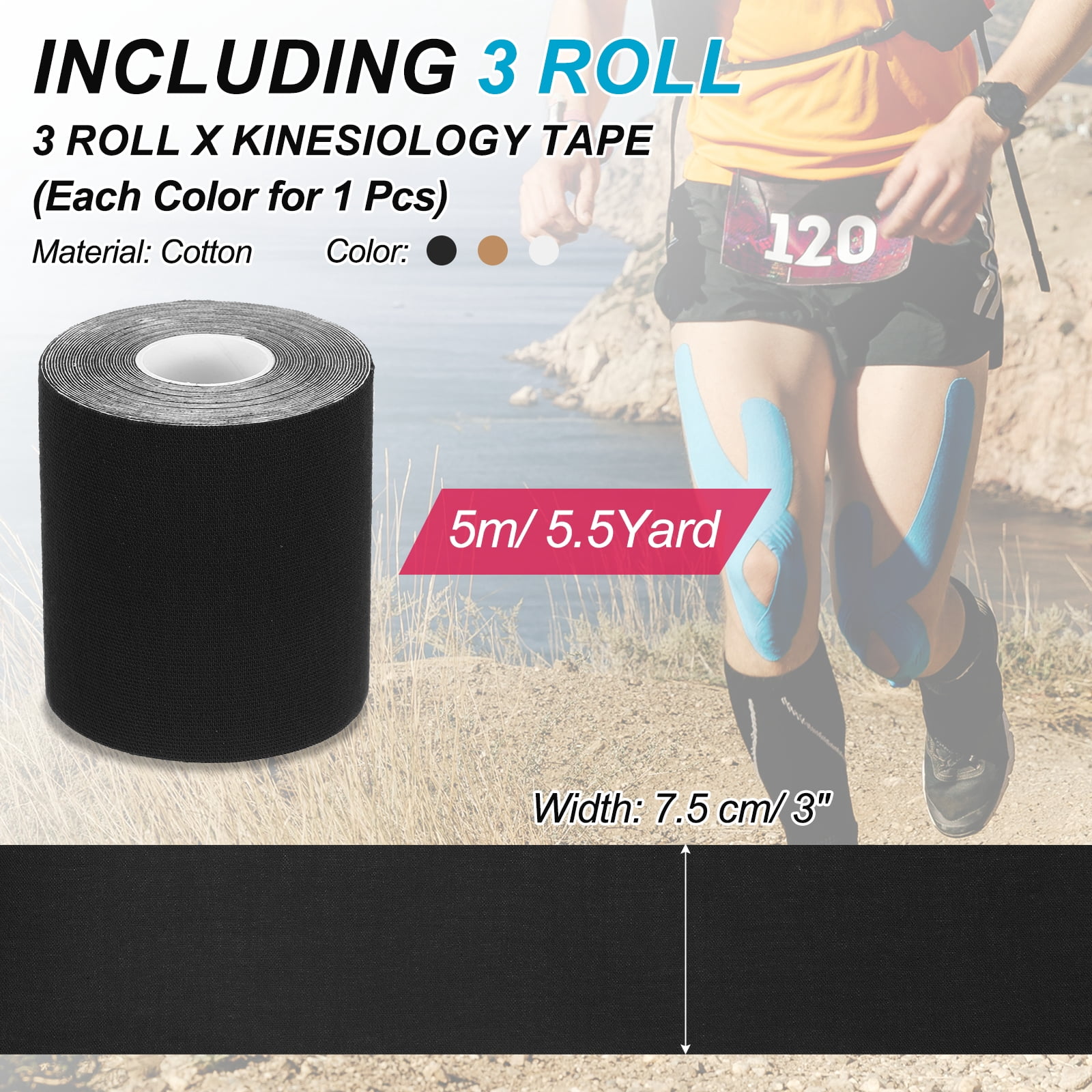 Uxcell 5.5 Yard x 3 Inch Kinesiology Tape, Adhesive Cotton Sports Muscle Support Tapes Waterproof Elastic Tape White/Black/Brown 3 Roll