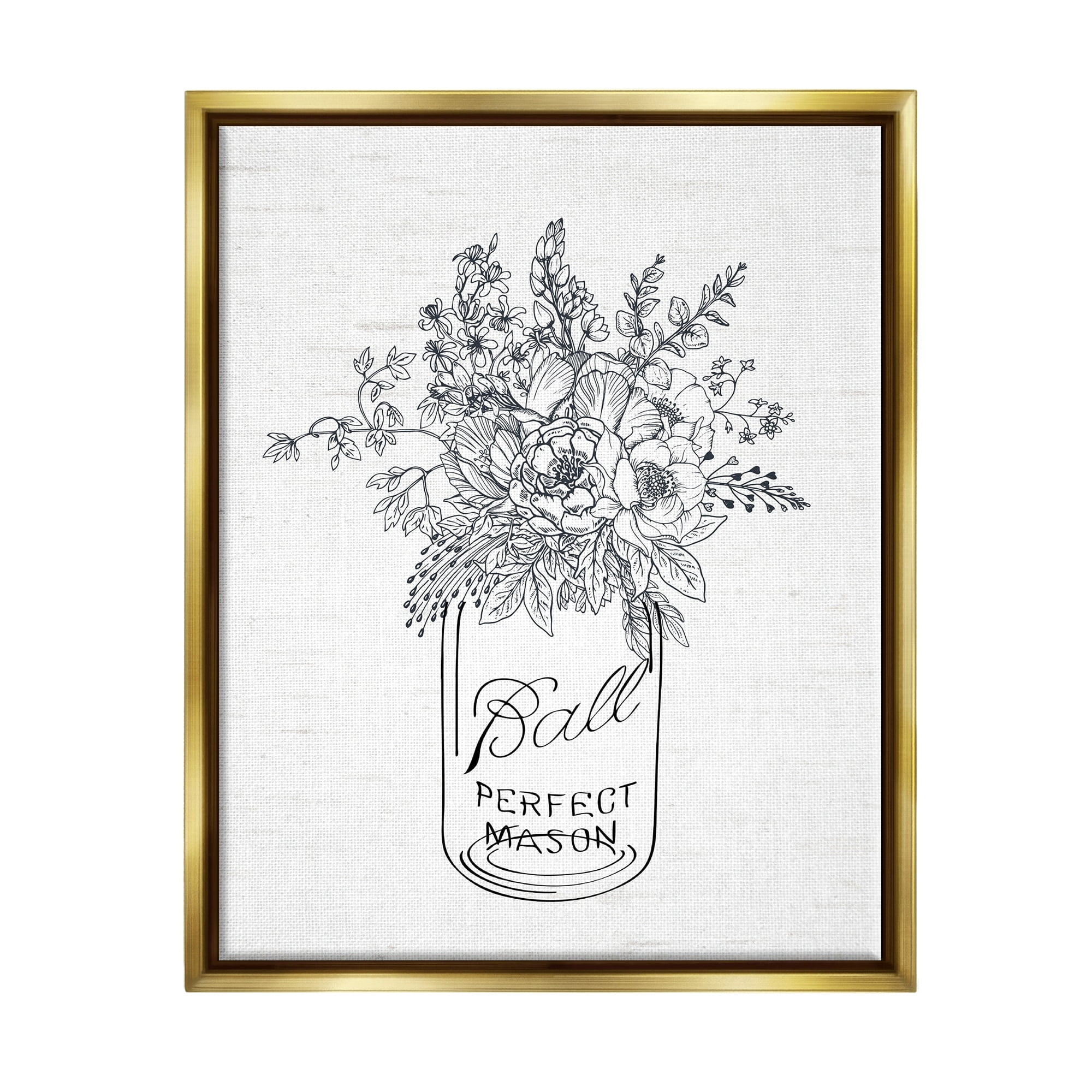 Stupell Industries Detailed Flower Bouquet Outline Drawing Rustic Jar Graphic Art Metallic Gold Floating Framed Canvas Print Wall Art, Design by Lettered and Lined