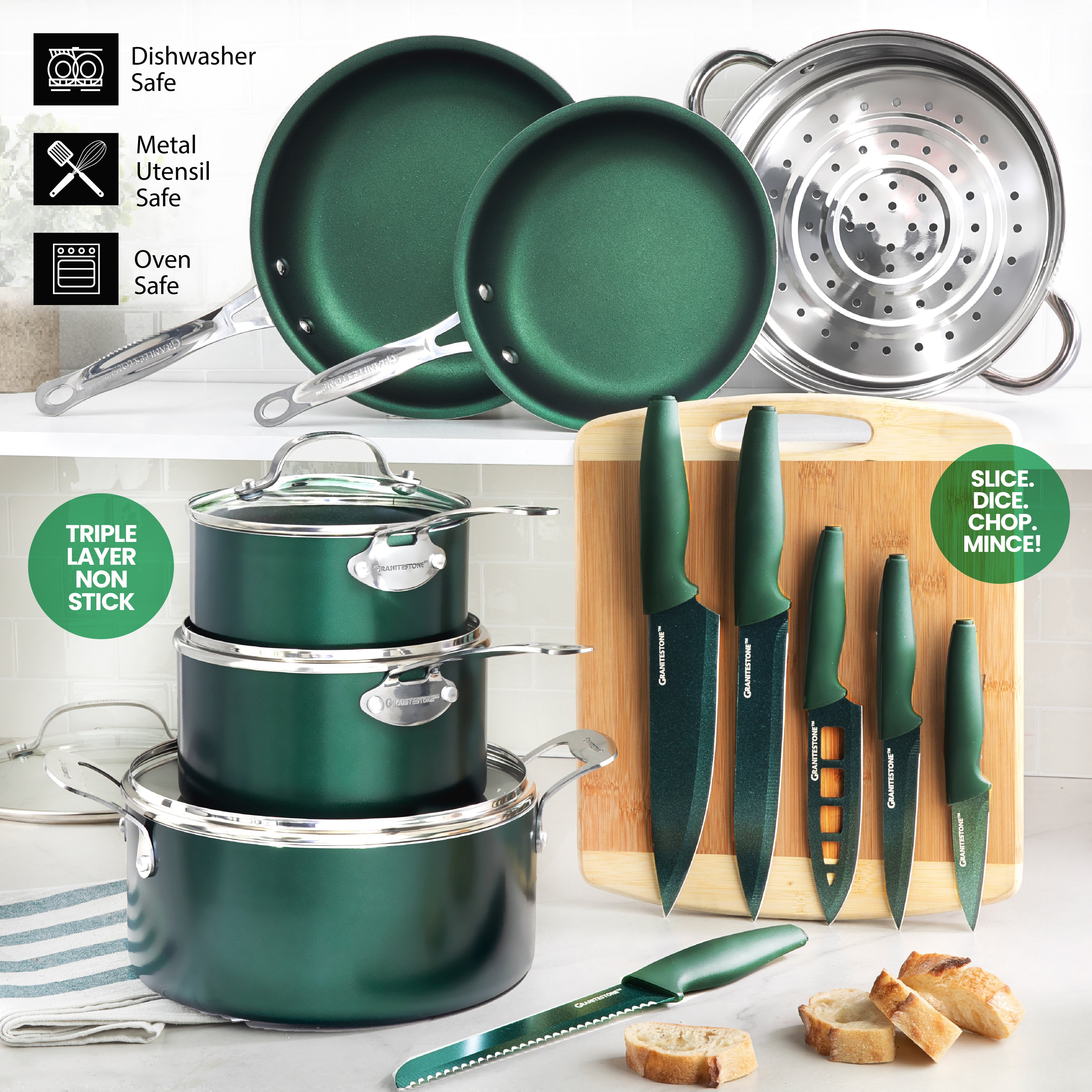  Granitestone Diamond Granite Stone Classic Emerald Pots and Pans  Set with Ultra Nonstick Durable Mineral & Diamond Tripple Coated Surface,  Stainless Steel Stay Cool Handles, 10 Piece Cookware, Green…: Home 