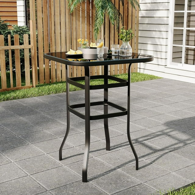 Patio Bar Height Table, Metal Frame Patio Bar Table Tempered Glass, Height High Top Outdoor Table for Backyard, Poolside and Garden