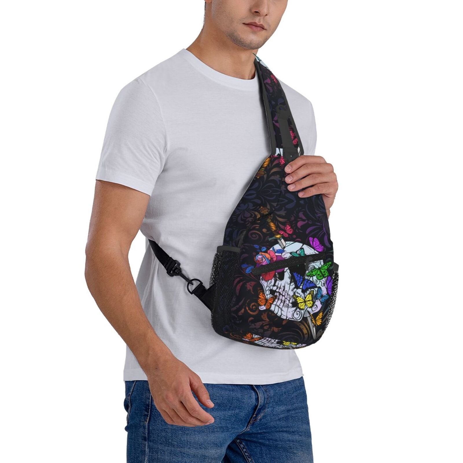 Butterfly Roses and Skull Crossbody Sling Bag for Women Men  display picture 1