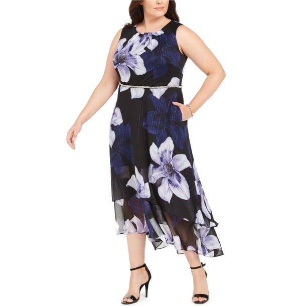 SLNY Vestido floral ajustado y acampanado para mujer, negro, 20W