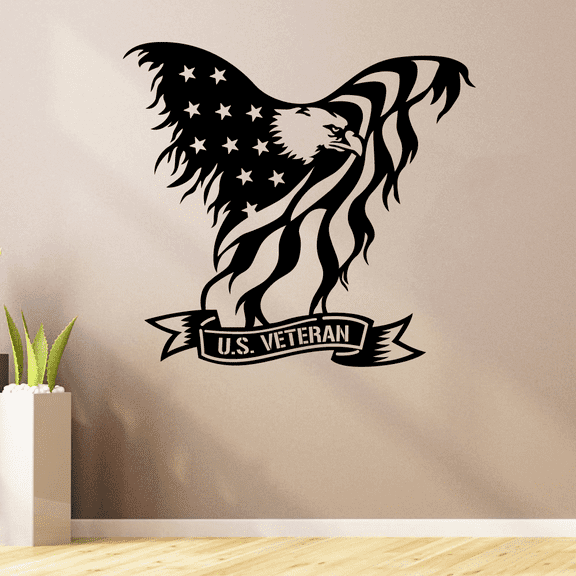 U.S. Veteran American Eagle American Flag Silhouette Army Military Veteran Silhouette Vinyl Wall Art Wall Sticker Wall Decal for Home House Room Bedroom Kids Room Play Area DecorationSize (20x18 inch)