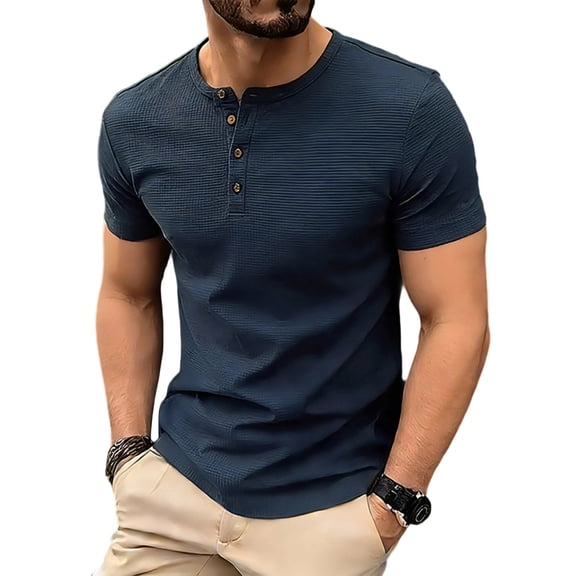 Bosfbaoi Henley Shirts For Men Waffle Knit Men's Shirts Solid Color Slim Fit Tops Button Placket Casual Tee