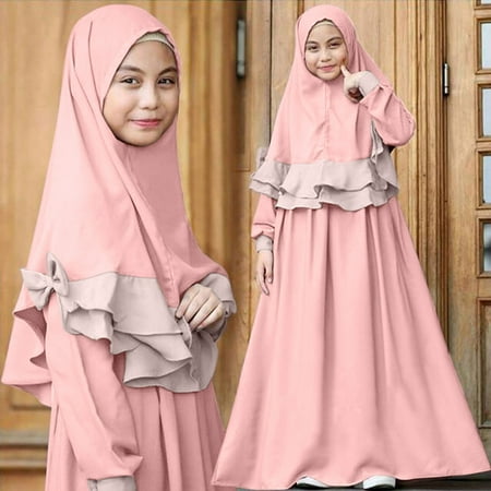 

Augper Toddler Dress Winter Fall Dresses Clearance Girls Long Sleeve Solid Color Round Neck Dress Lace Turban Two Piece Muslim Children s Clothing