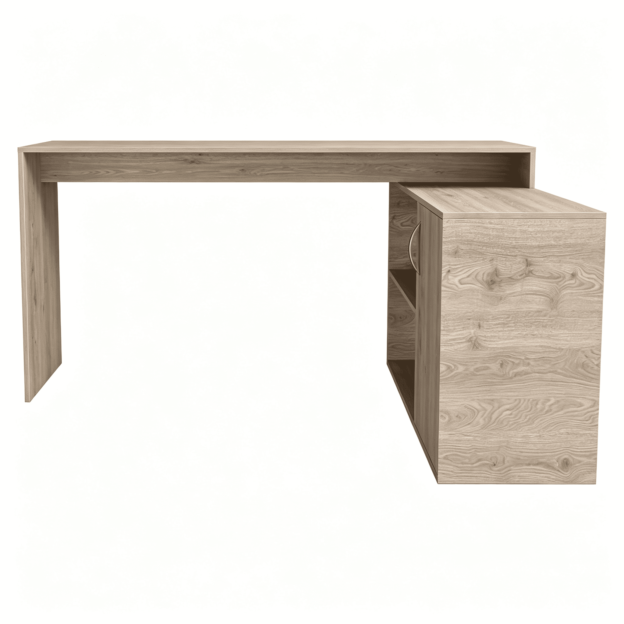 Asteroutdoor L-Shaped Desk Desti, Light Gray Office Desk with Single Door Cabinet and Two Shelves, 59.64 in W x 25.39 in H, Particle Board