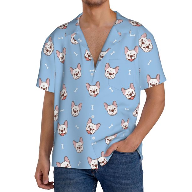 Balery French Bulldog Head Camisa Casual de Manga Corta con Botones para Hombre, Texturizada, Estilo Cubano, para Playa, Verano-Medium