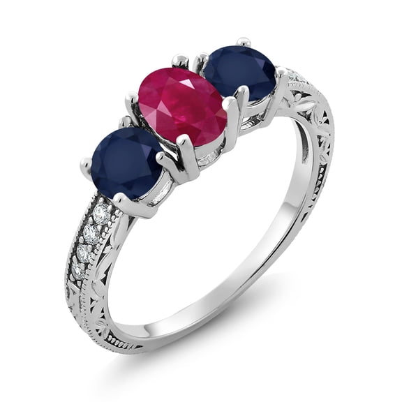 Gem Stone King 2.32 Ct Oval Red Ruby Blue Sapphire 925 Sterling Silver Moissanite Ring (Size 5)