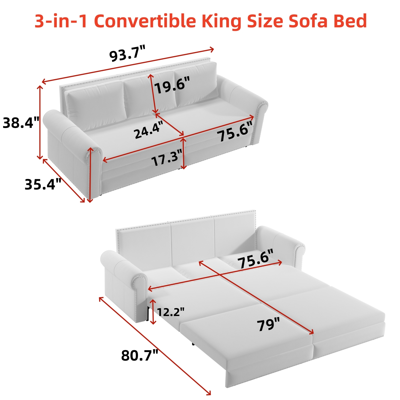 Luxurious 94" King Pull Out Sofa Bed, 3-in-1 Velvet Convertible Sleeper Sofa with Nailhead Trim, Rolled Arm & Deep Seat for Living Room, Blue