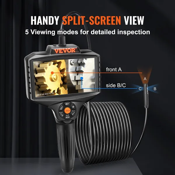 Triple Lens Borescope, 5" IPS Screen Inspection Camera with Lights, 8X Zoom 1080P HD Split Screen, 10 LED Lights Scope Endoscope Camera for Automotive, Plumbing(16.5FT Cable, 32GB Card)