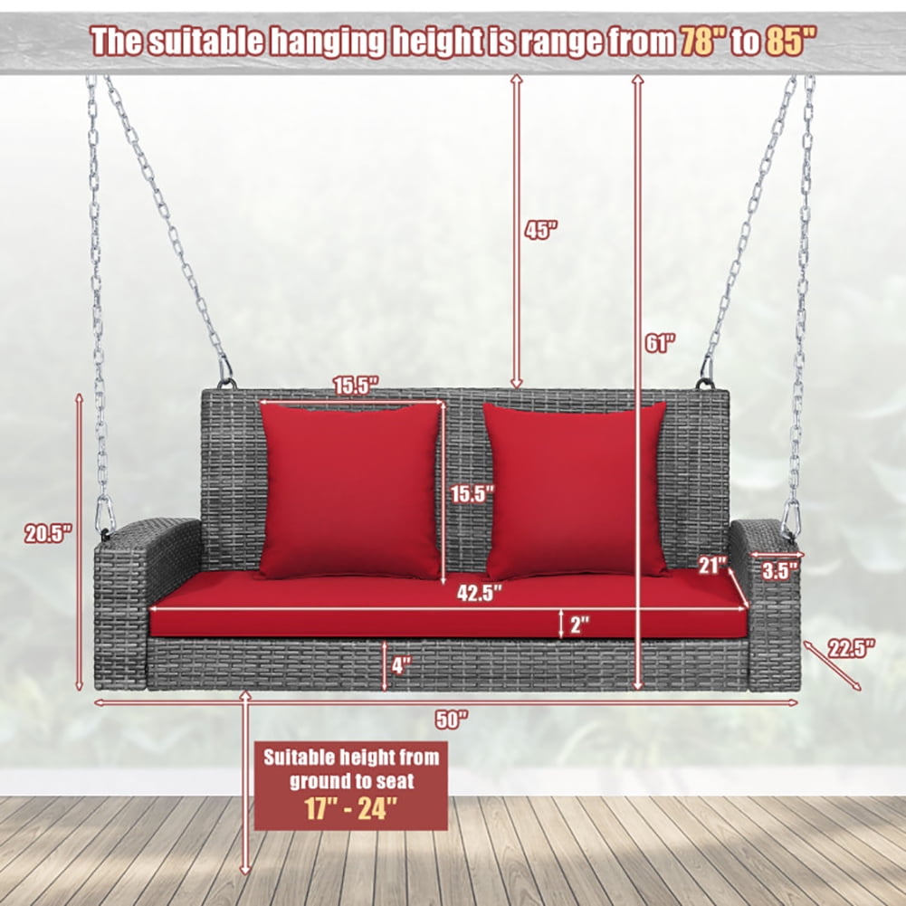 Aimee Lii 2-Person Patio PE Wicker Hanging Porch Swing Bench Chair Cushion 800 Pounds, Outdoor Patio Furniture, Red