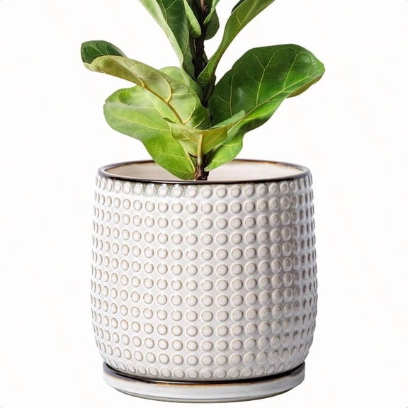 8 Inch Ceramic Beaded Stoneware Planter Pot - Flower Pot with Drainage Holes and Saucers for Indoor Succulent Plants or Flowers Smoked White 27-C-Q-1