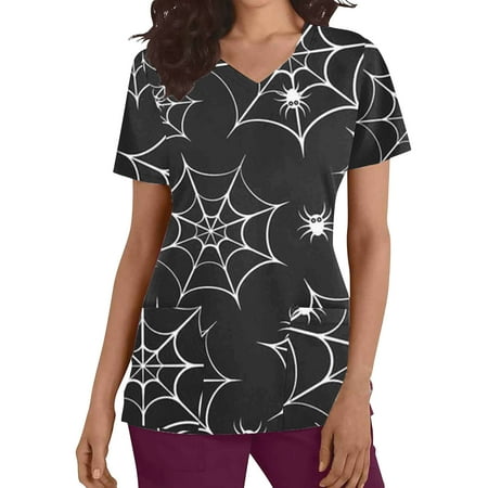 

safuny Women s Workout Scrubs Pullovers with Pocket Holiday Trendy Shirts Fall Spider Webs Tops Short Sleeve V Neck Halloween Casual Black M