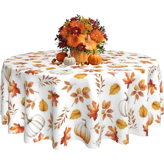 Verolix Fall Round Tablecloth 60 Inch, Waterproof Polyester Table Cover with Maple Leaf and Pumpkin Pattern, Wrinkle Resistant Washable Tablecloth for Dining Table Thanksgiving Home Decor