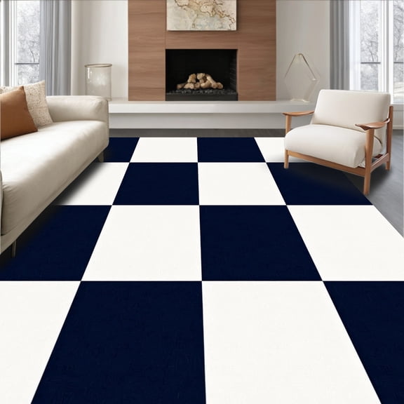 ODIKA 4'x6' Machine Washable Non-Slip Area Rug, Artisan Chess Board Modern Minimalist Stylish High Traffic Rug, Blue, 560384