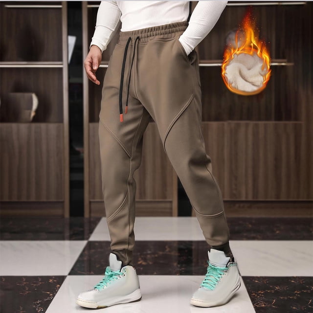 Pantalones deportivos de invierno para hombre, de longitud completa, lisos, con cordón ajustable, de forro polar grueso, para correr al aire libre, cálidos, de poliéster