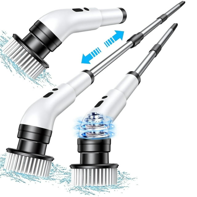 Cepillo Electrico Limpieza Inalámbrico con Cabezales de Cepillo, Velocidades y Mango de Extensión Ajustable, Fregadora Giratoria Eléctrica