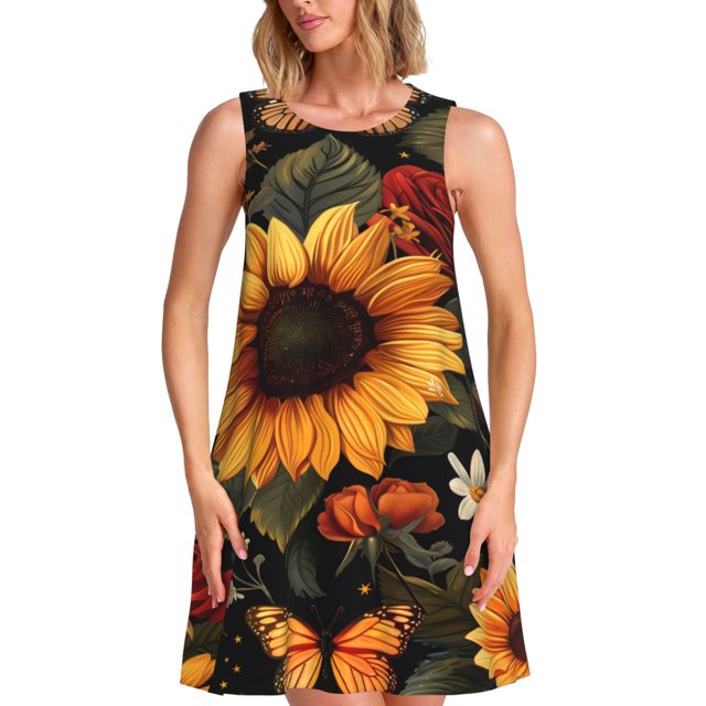 Disketp Sunflower Floral Butterfly para Vestido sin Mangas para Mujeres, Vestidos de Verano para Mujeres, Casual y Holgado para la Playa