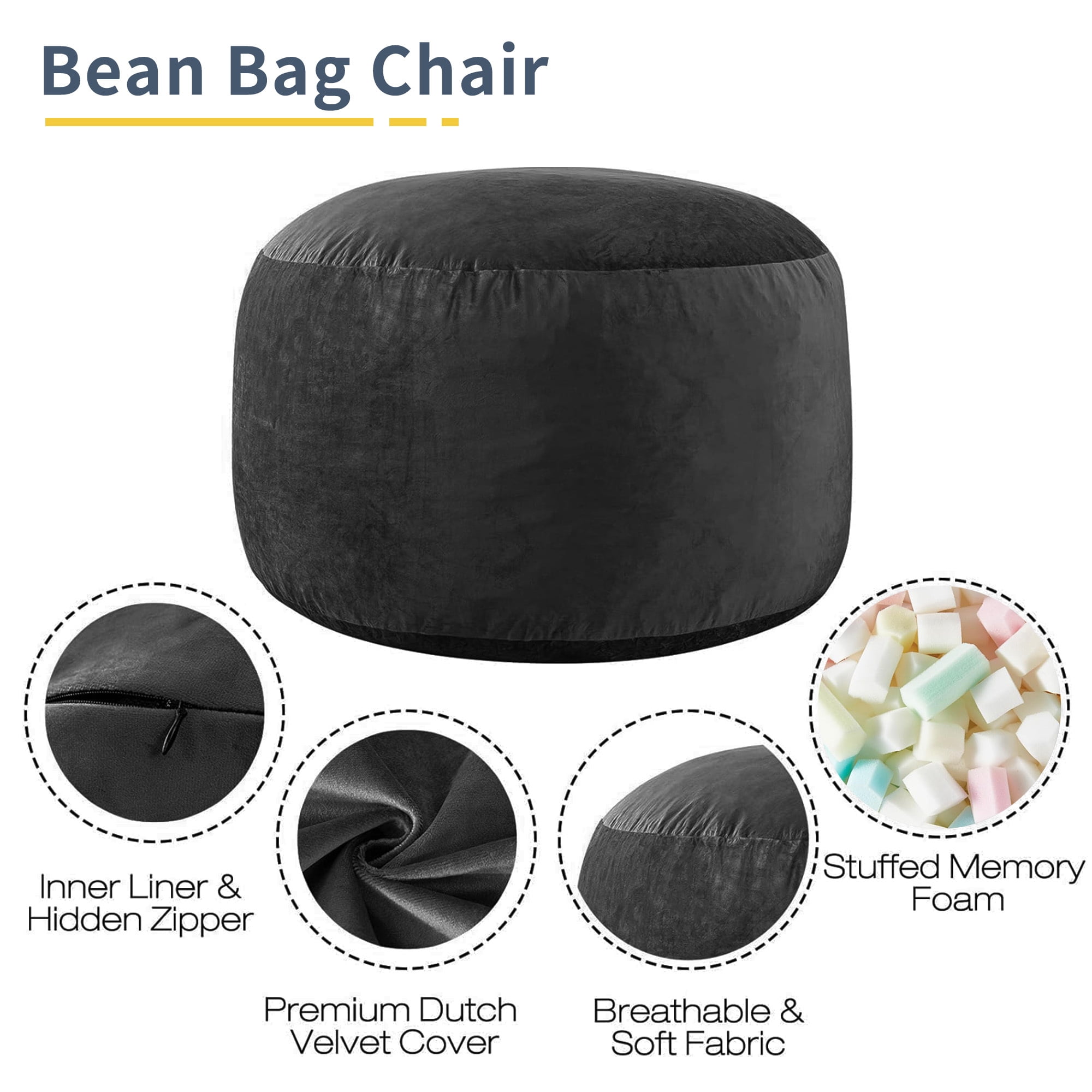 XIECUVA Bean Bag Chair Stuffed Memory Foam for Adults，X-Large Size Beanbag Sofa，5 ft