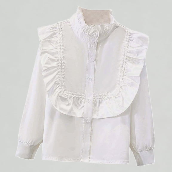 Xijirk Girls Shirts Elegant Long Sleeve Ruffle Blouse Stylish Button Down School Party Top for Kids,7-8 Years