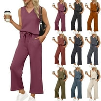 bbyeadc Beach Vacation Clothes for Women V Neck Sleeveless Casual Travel Outfits for Women Wide Leg Drawstring Matching Sets Women Soft Concert Outfits for Women, Vermilion S
