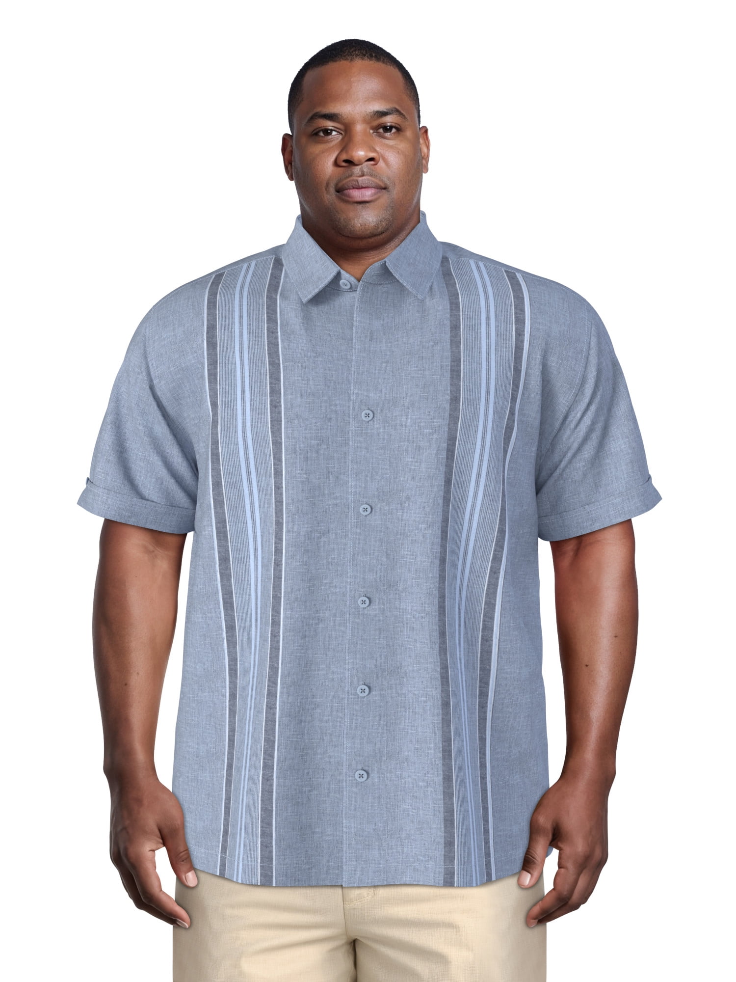 Havanera Men's and Big Men's Yarn Dyed Panels Short Sleeve Linen Cotton Button-Down Shirt, Sizes S-5XL