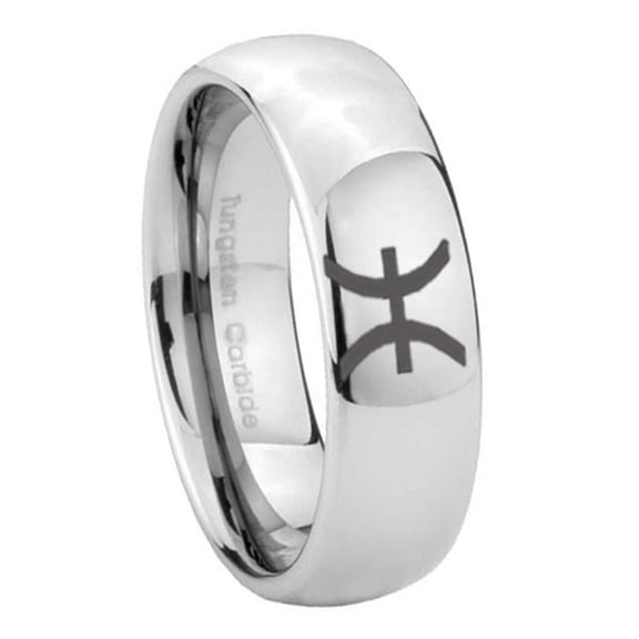Tungsten Pisces Zodiac 8mm Mirror Gray Polished Dome Men Ring