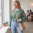 thumbnail image 5 of Striped Mock Neck Sweatshirt For Women Oversized Pullover Tops 2026 Long Sleeve Sweatshirts Soft Ribbed Trim Knit Material Casual Fall Winter Fashion Clothes Vacation, 5 of 6