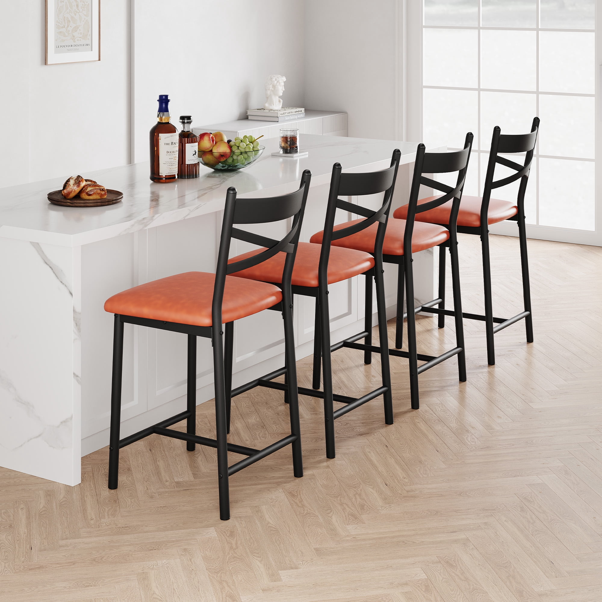Modern Bar Stool Set of 2, Upholstered Counter Height Bar Chairs with X-Back, Soft PU Leather, Heavy Duty Metal Frame for Kitchen Island Restaurant
