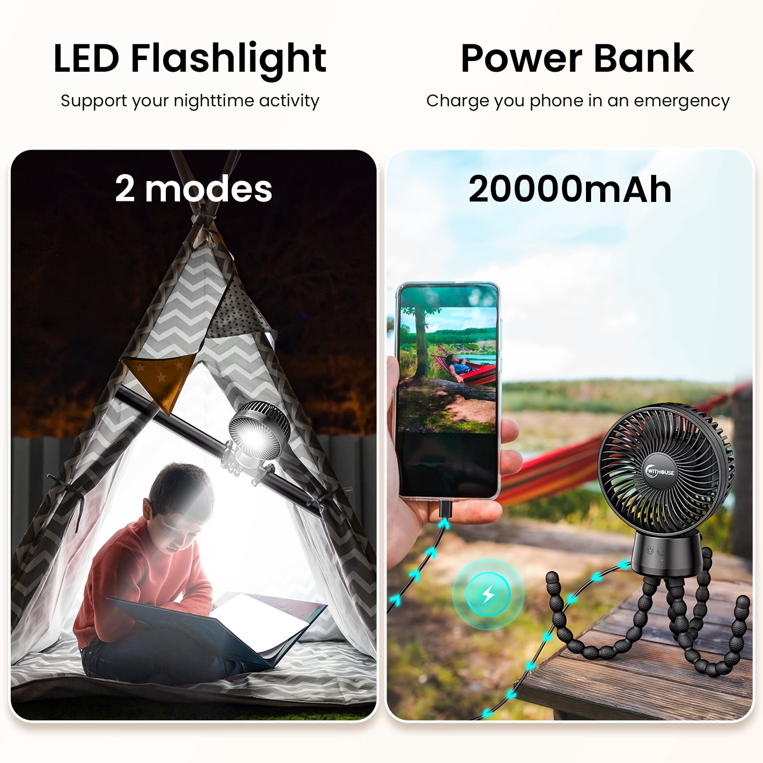 Stroller Fan with 90° Auto Oscillating, Extended Anti-Slip Detachable Tripod, Power Bank & LED Light, 3-Speed Quiet Cooling Clip On Fans for Baby Crib Car Seat Travel