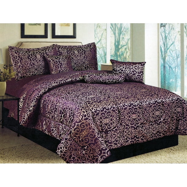 7Pc Geometric Floral Damask Motif Jacquard Comforter Set Purple Plum