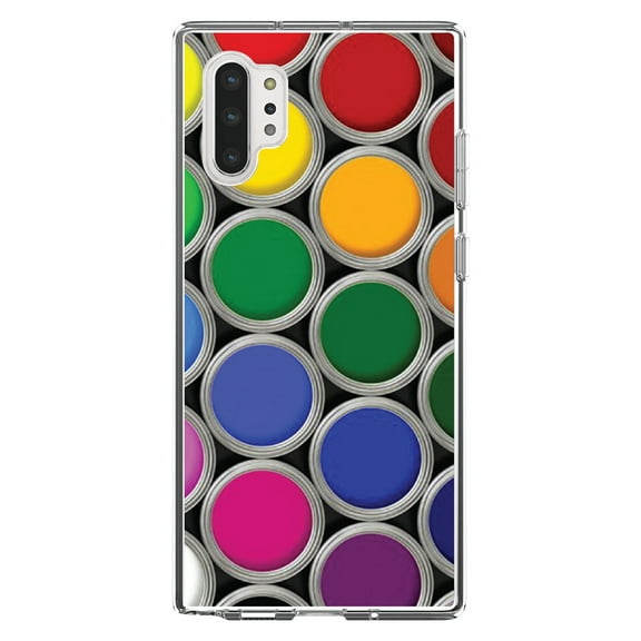 DistinctInk Clear Shockproof Hybrid Case for Galaxy Note 10 PLUS (6.8" Screen) - TPU Bumper, Acrylic Back, Tempered Glass Screen Protector - Rainbow Paint Cans - Rainbow Art Supplies