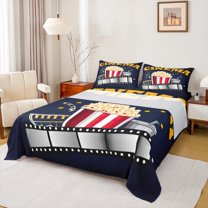 Manfei Movie Film Popcorn Twin Sheet Sets, Cartoon Cinema Tricket Twin Fitted Sheet, Teens Kids Boys Girls Adult Flat Sheet, Microfiber Bedroom Decor, 3pcs