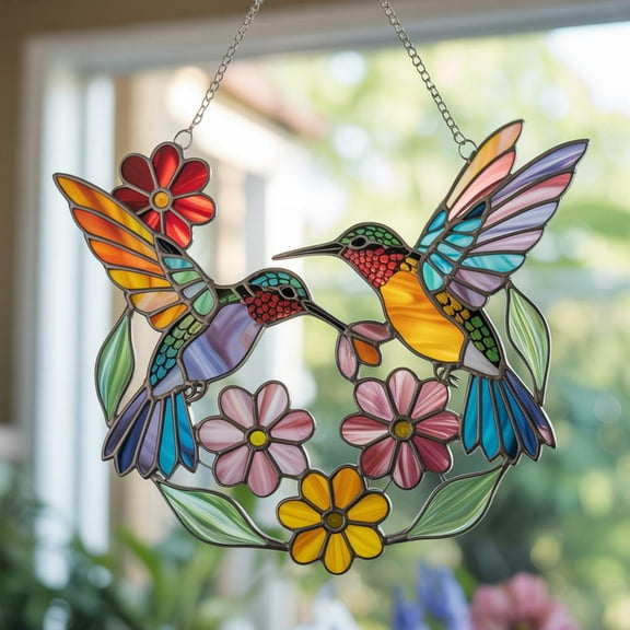 Hummingbird Acrylic Suncatcher, Two Hummingbirds and Flower Wreath Window Hanging, Colorful Bird Window Decor, Nature Home Decoration