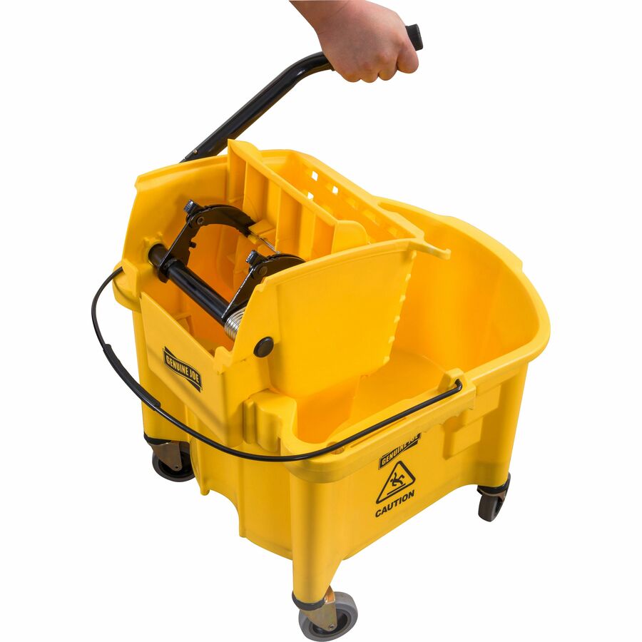 Genuine Joe Splash Shield Mop Bucket/wringer - 26 Quart - Wringer, Caution Sign, Handle, Measurement Marking, Caster, Putty Knife Holder, Mop Stick Holder - Plastic, Metal - Black, Yellow - 1 Each