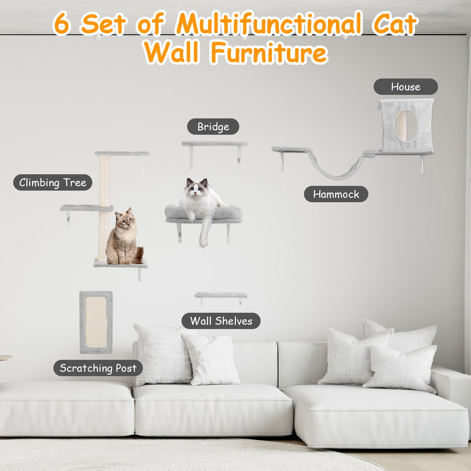 TeqHome Wall Mounted Cat Wall Shelves Set of 6 with Cat Tree Cat Perch Cat Scratching Post Cat Bridge Cat Houses Gray