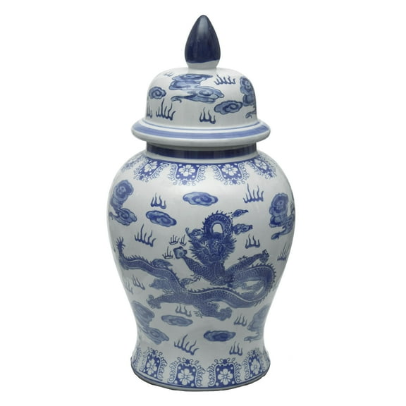 Red Lantern 18" Dragon Blue & White Porcelain Temple Jar