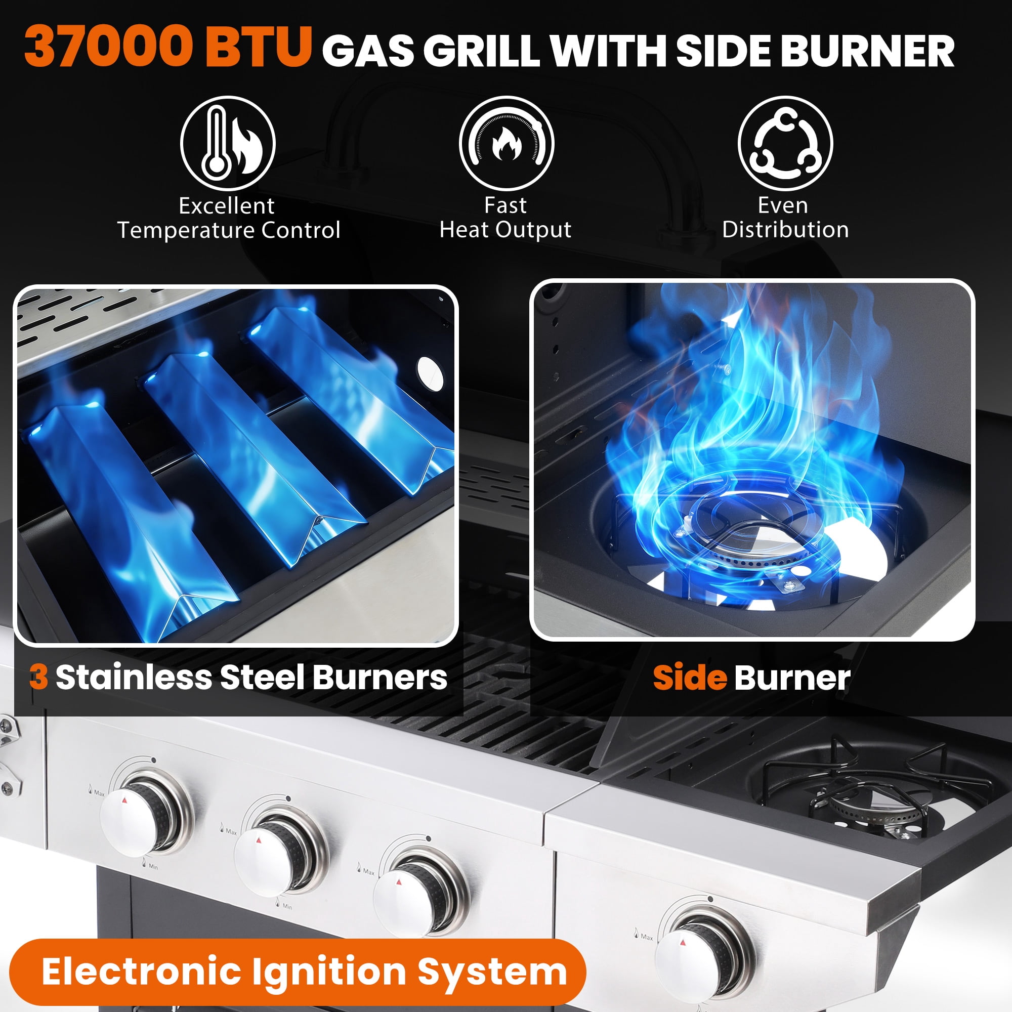 Sesslife 3-Burner Propane Gas Grill, Portable BBQ Grill with Side Burner, 37,000 BTU, Outdoor Grill for Patio, Garden, Camping & Party Cooking
