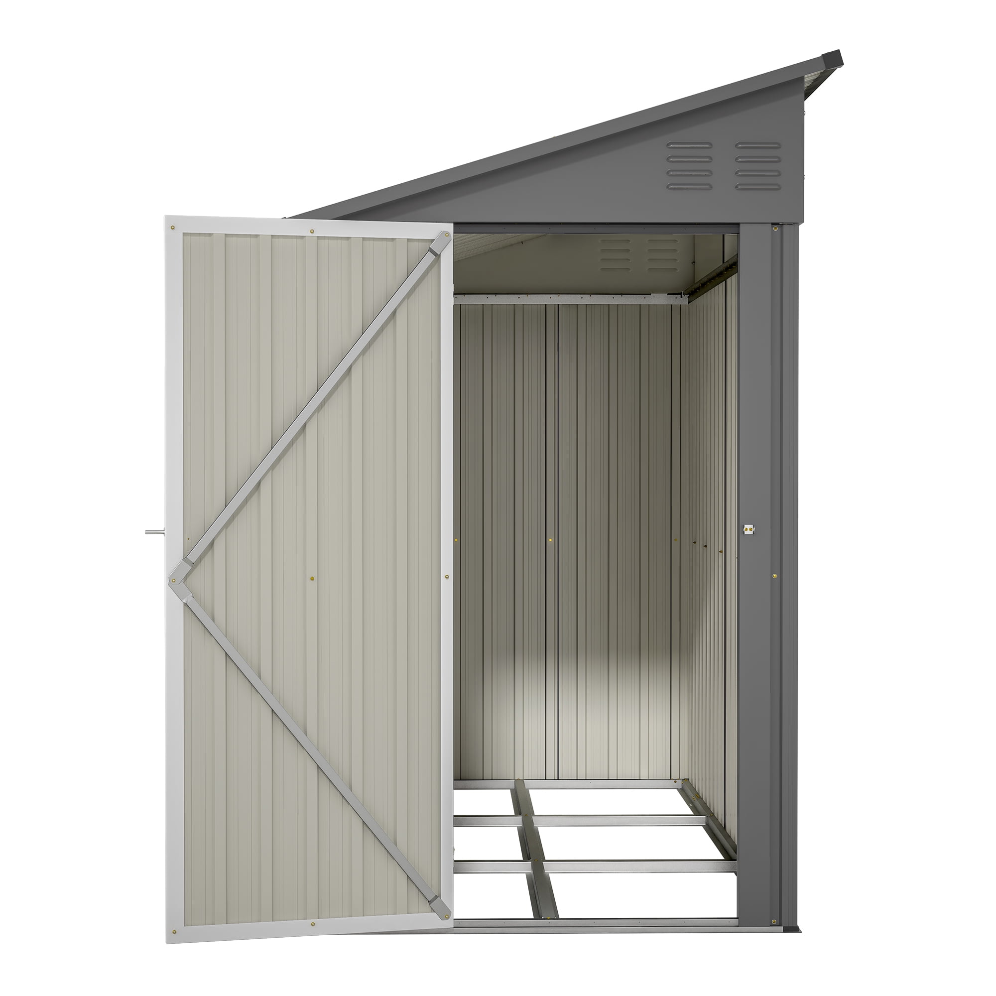 LZBEITEM 4 x 8 ft Outdoor Metal Storage Shed Lean to, Small Metal Wall Side Door Sheds & Garden Tool Shed with Galvanized Floor Frame Kit Lockable for Garden, Backyard, Gray, 95 x 48.82 x 75.7 inch